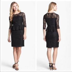 Adrianna Papell Black Lace Peplum Sheath Cocktail Dress w Three Quarter Sleeves
